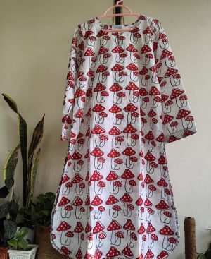 White Mushroom Handblocked Single Kurta